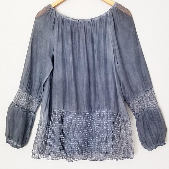 Saks Fifth Avenue Silk Blend Blouse S Blue Gray Crochet Sequins Italy Lagenlook - Picture 3 of 16